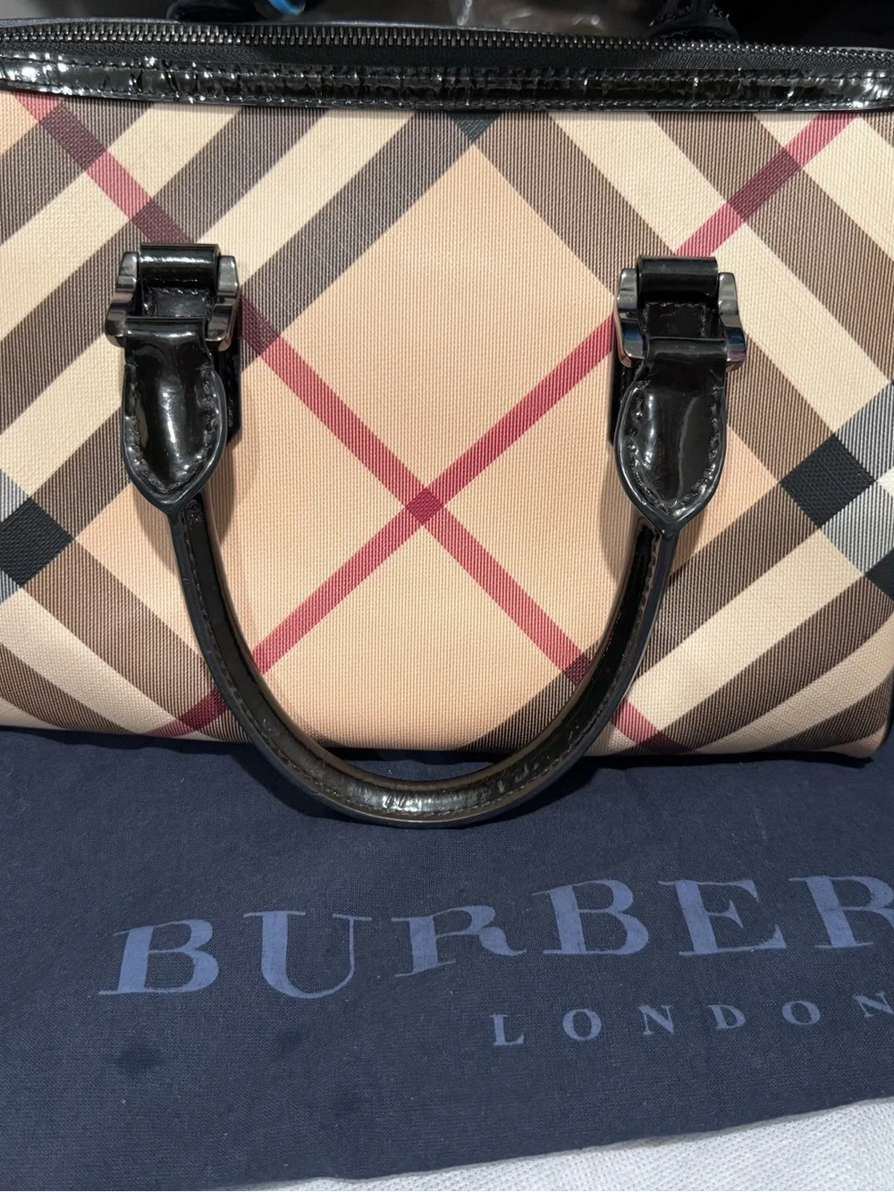 Burberry Beige Check Satchel with Black Patent Handles and Maroon Accents